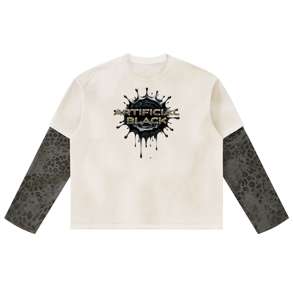 Unisex Vintage Wash Leopard Paneled Layer T-Shirt