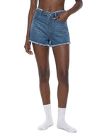 Short en jean taille haute pour femme, délavage vintage amélioré numériquement