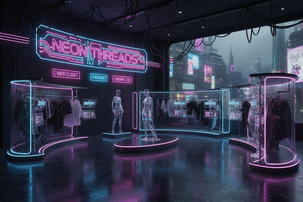 cyber punk dystopia neon lit womans clothing store 