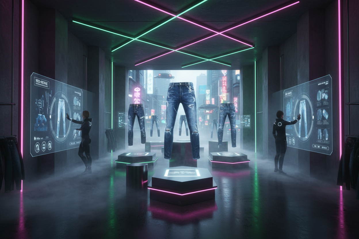 cyber punk themed augmented reality interactive store showcase for a luxury denim brand. neon pink and green lighting accents against a dystopian dark backdrop 