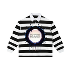 Black and white striped shirt with a central circular design on a white background