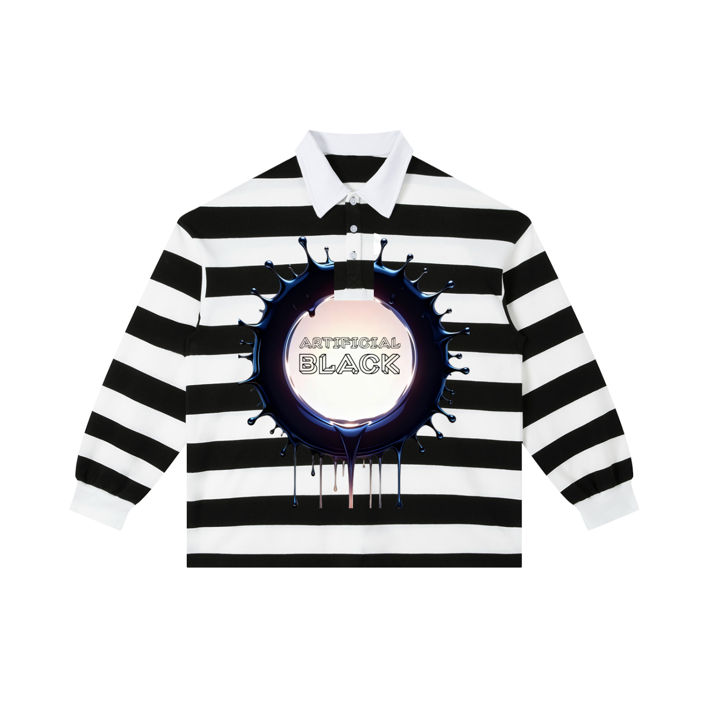 Black and white striped shirt with a central circular design on a white background