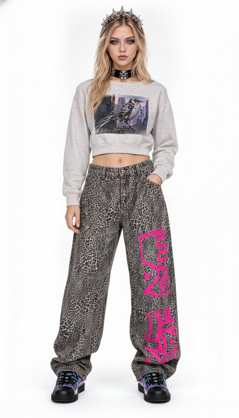 Unisex Vintage Wash Leopard Wide Leg Jeans