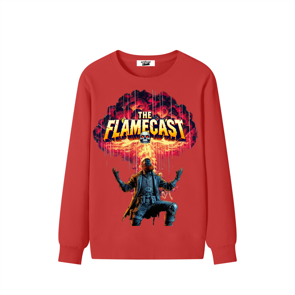 Red sweatshirt with 'The Flamecast' graphic design on a white background