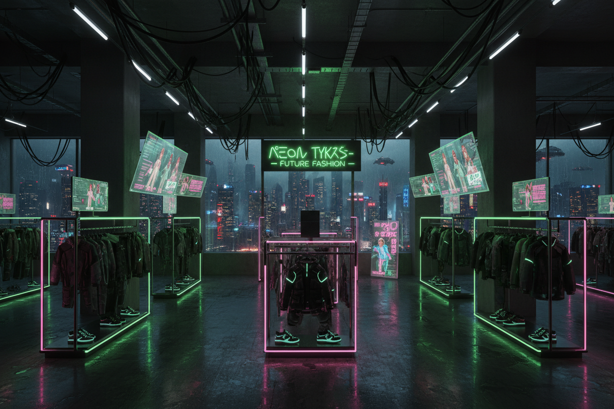 dark cyberpunk dystopia children's clothing department store with neon green and pink lighting 