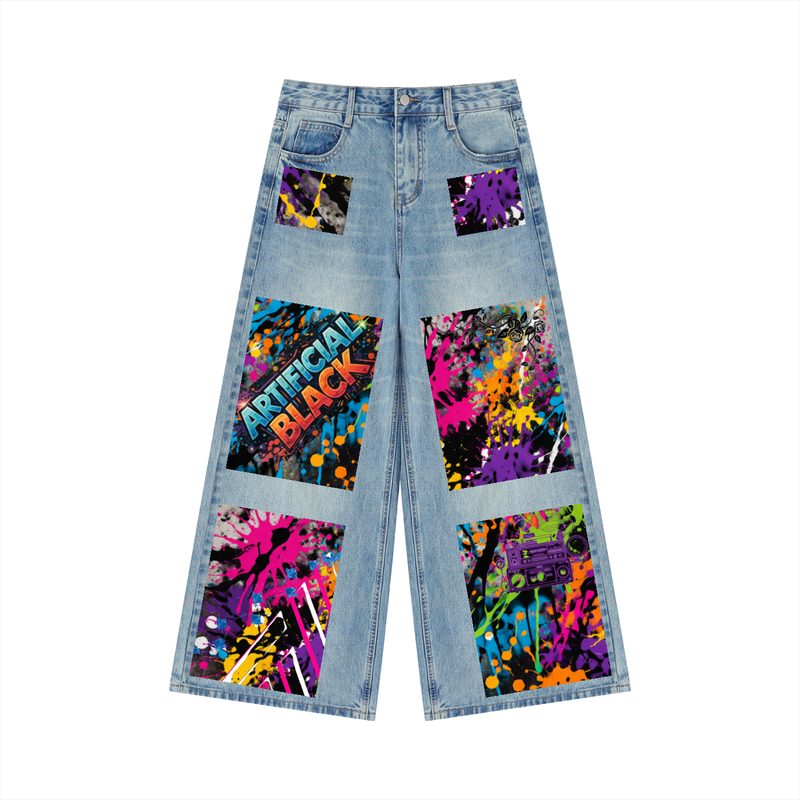 Women’s Artificial Expressions Paint Washed Wide Leg Jeans