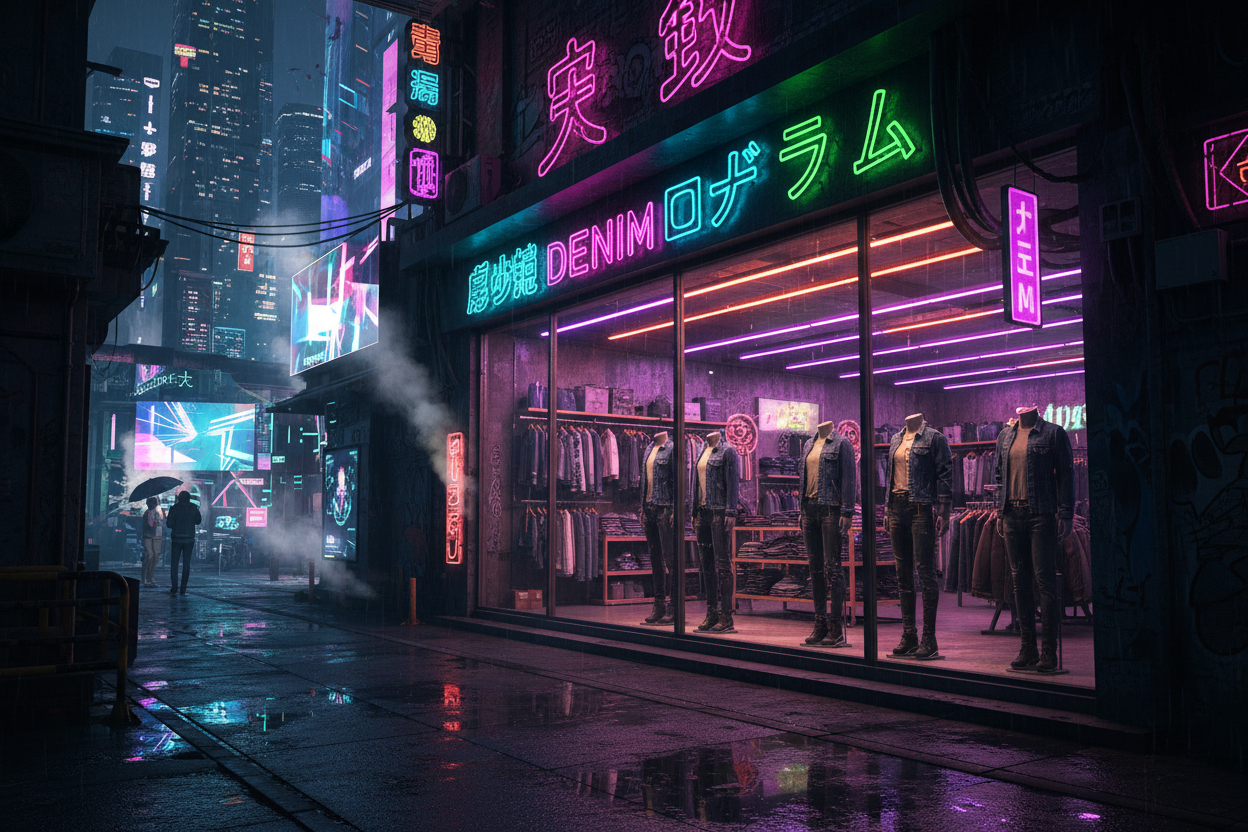 denim store in a neon lit cyberpunk dystopian future