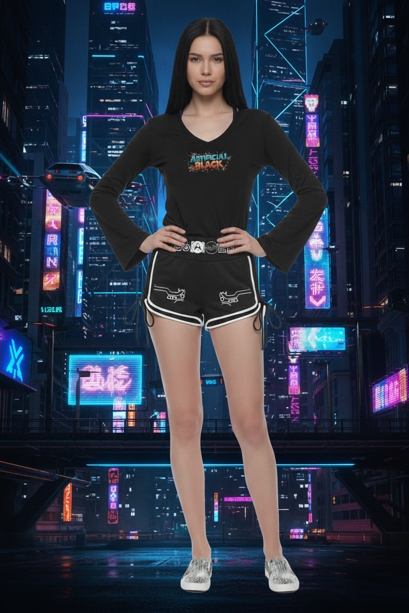 A model wearing a black long-sleeve V-neck top with a colorful graphic on the chest and matching black athletic shorts with white trim and drawstrings, paired with gray sneakers, against a plain white studio background.