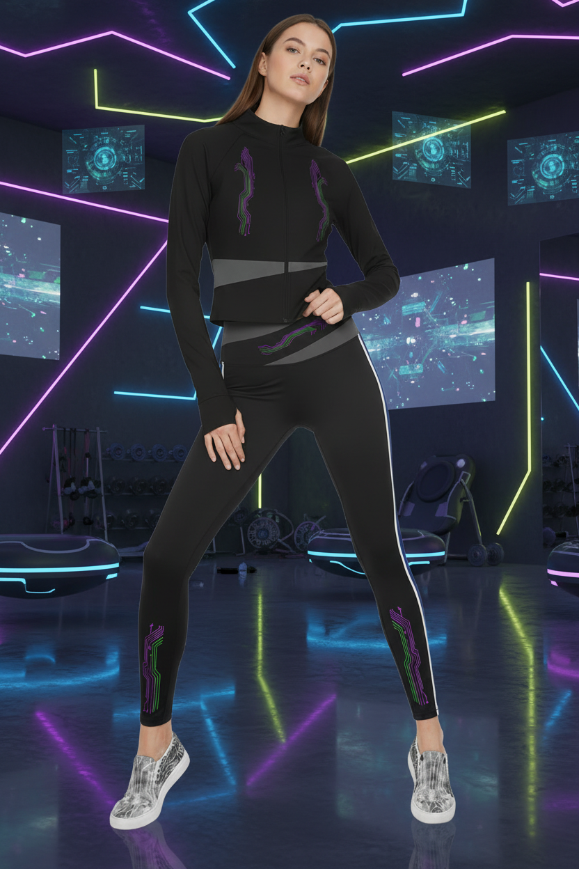A woman modeling a black athletic matching set consisting of a cropped long-sleeve hoodie and high-waisted leggings, styled with gray sneakers, set against a futuristic neon-lit gym background.