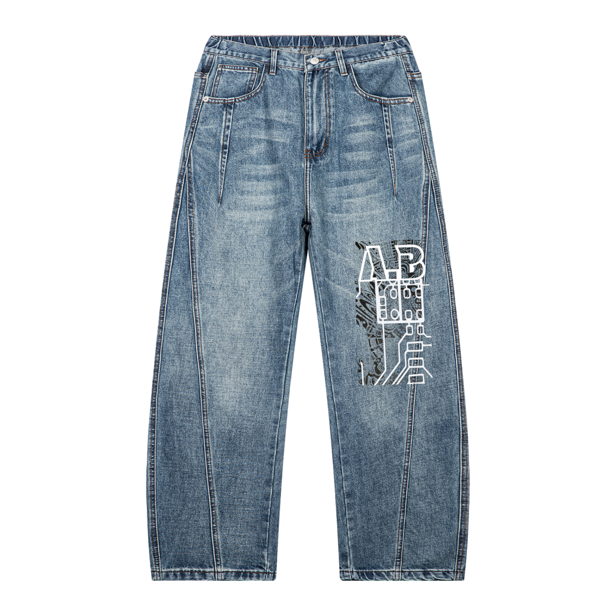 Unisex Vintage Wash Barrel Leg Digital Denim