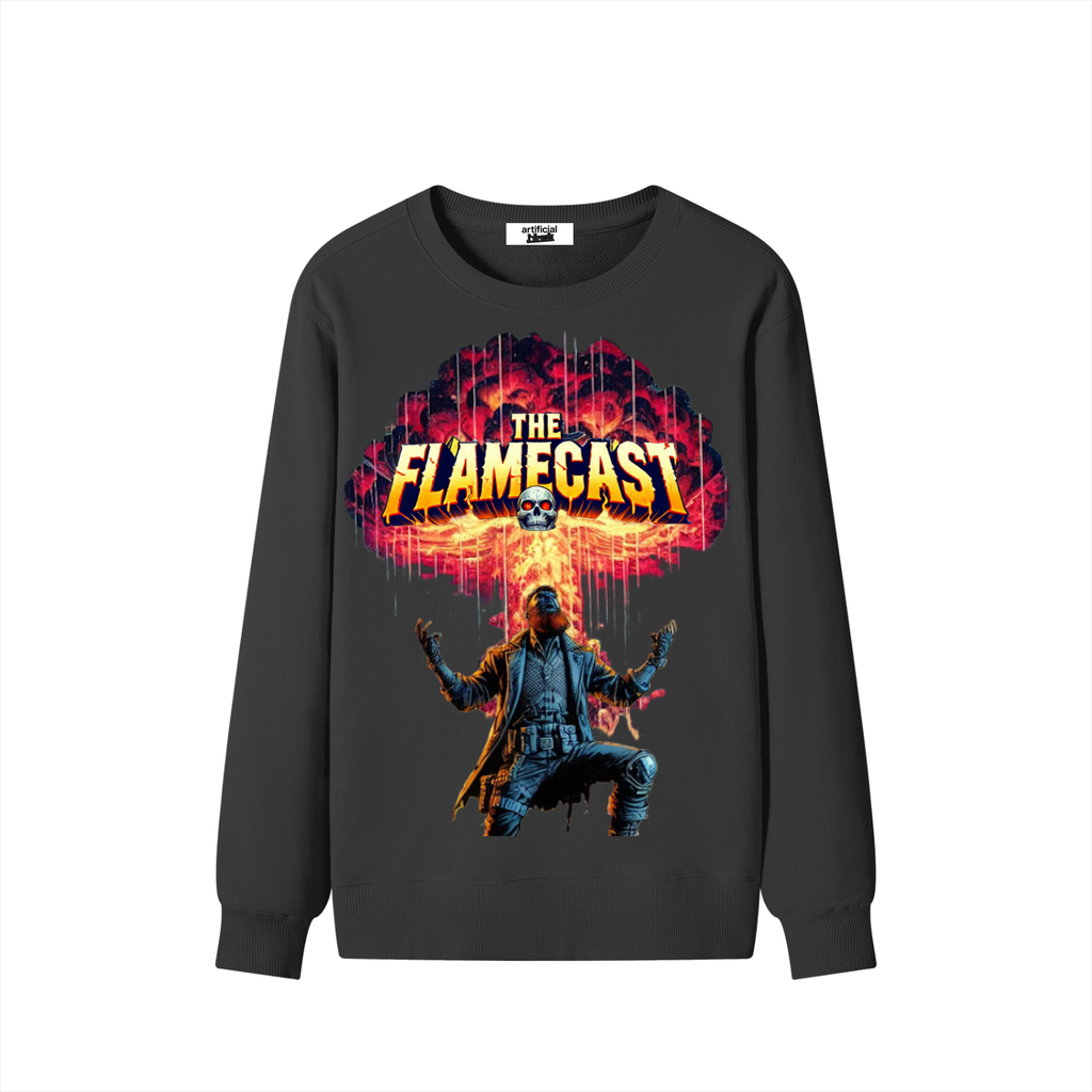 Black sweatshirt with 'The Flamecast' graphic design on a white background