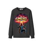 Black sweatshirt with 'The Flamecast' graphic design on a white background
