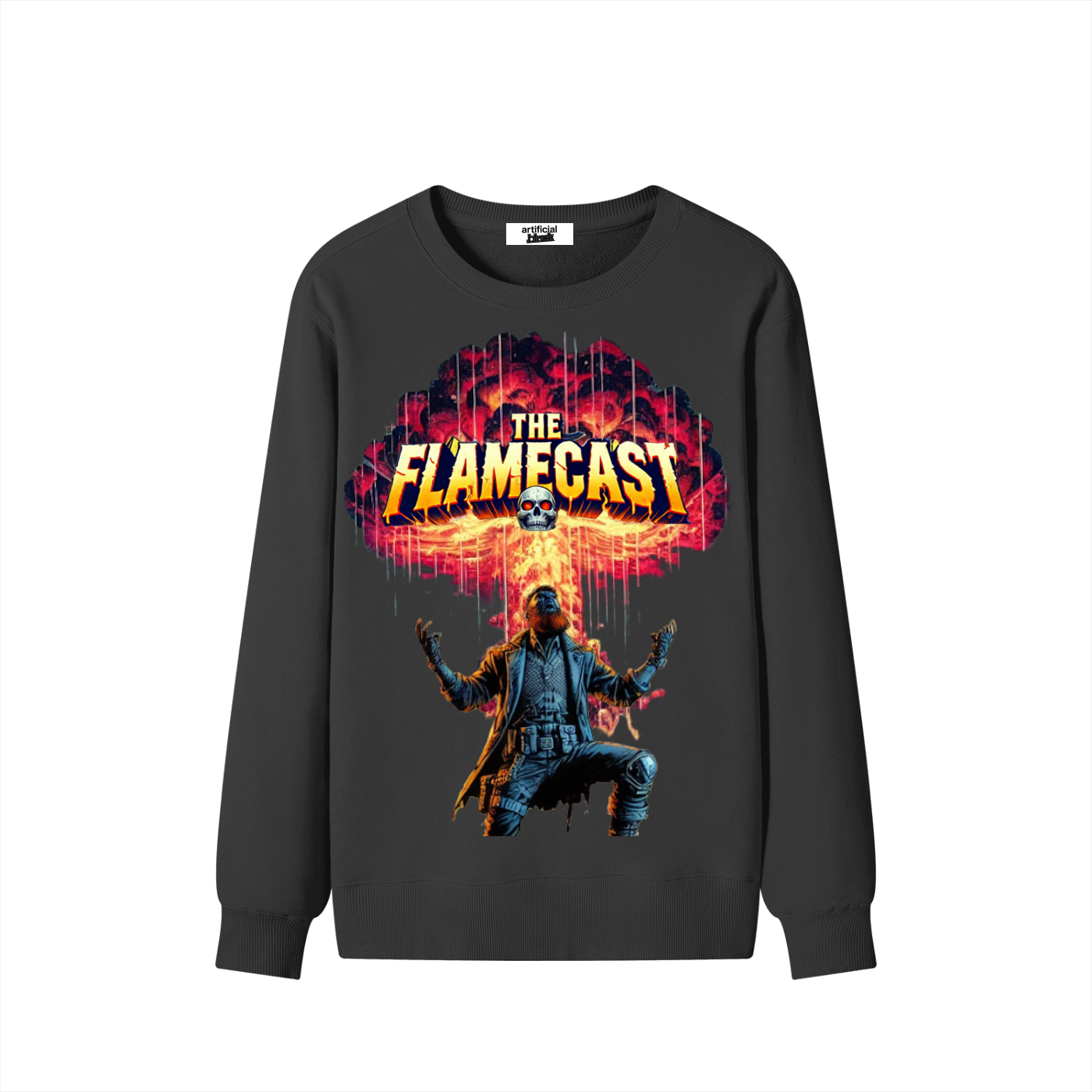 Black sweatshirt with 'The Flamecast' graphic design on a white background
