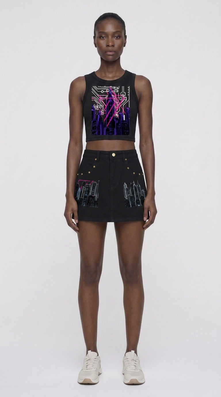 A.B. Neon Studded City Denim Mini Skirt