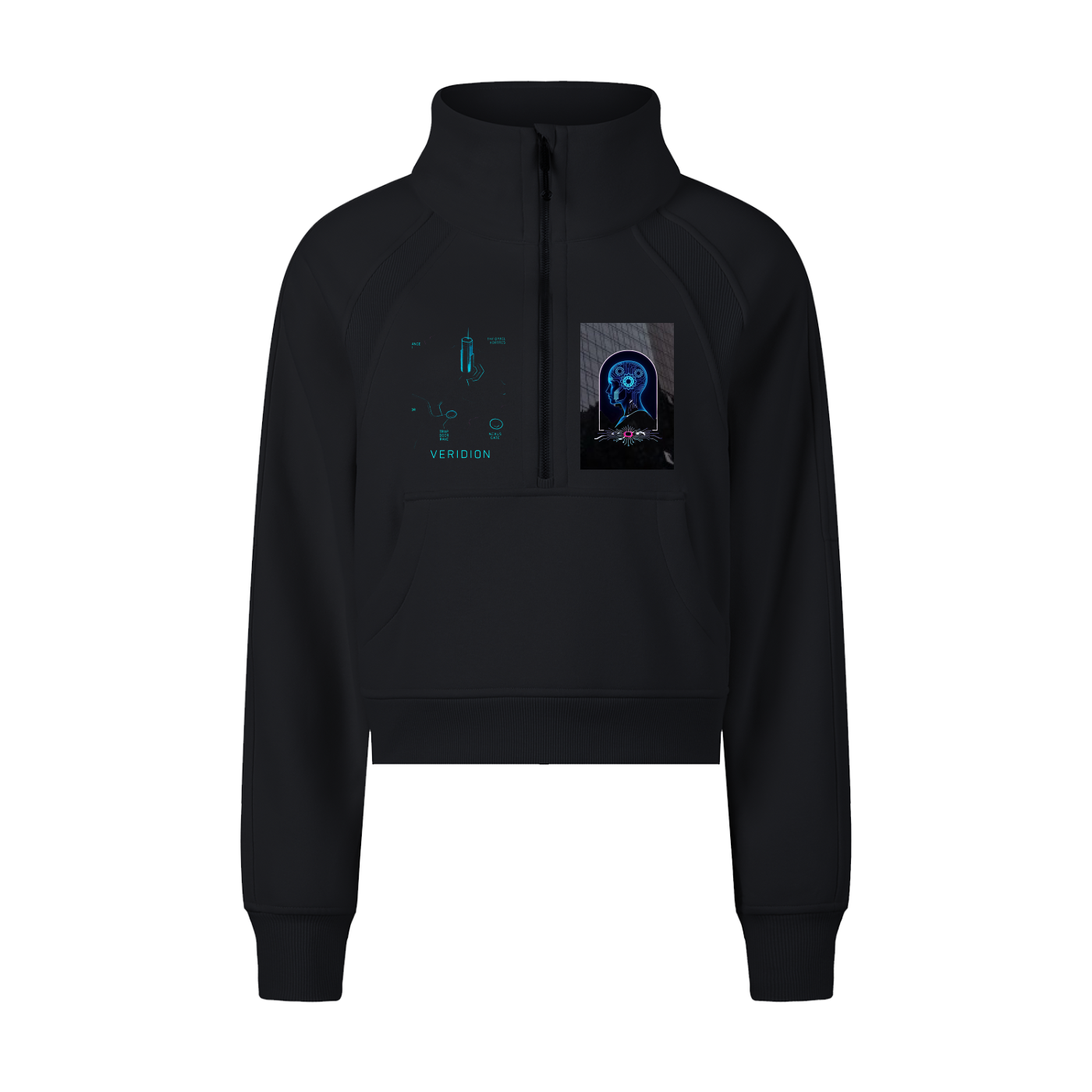 Black hoodie with graphic design on a white background