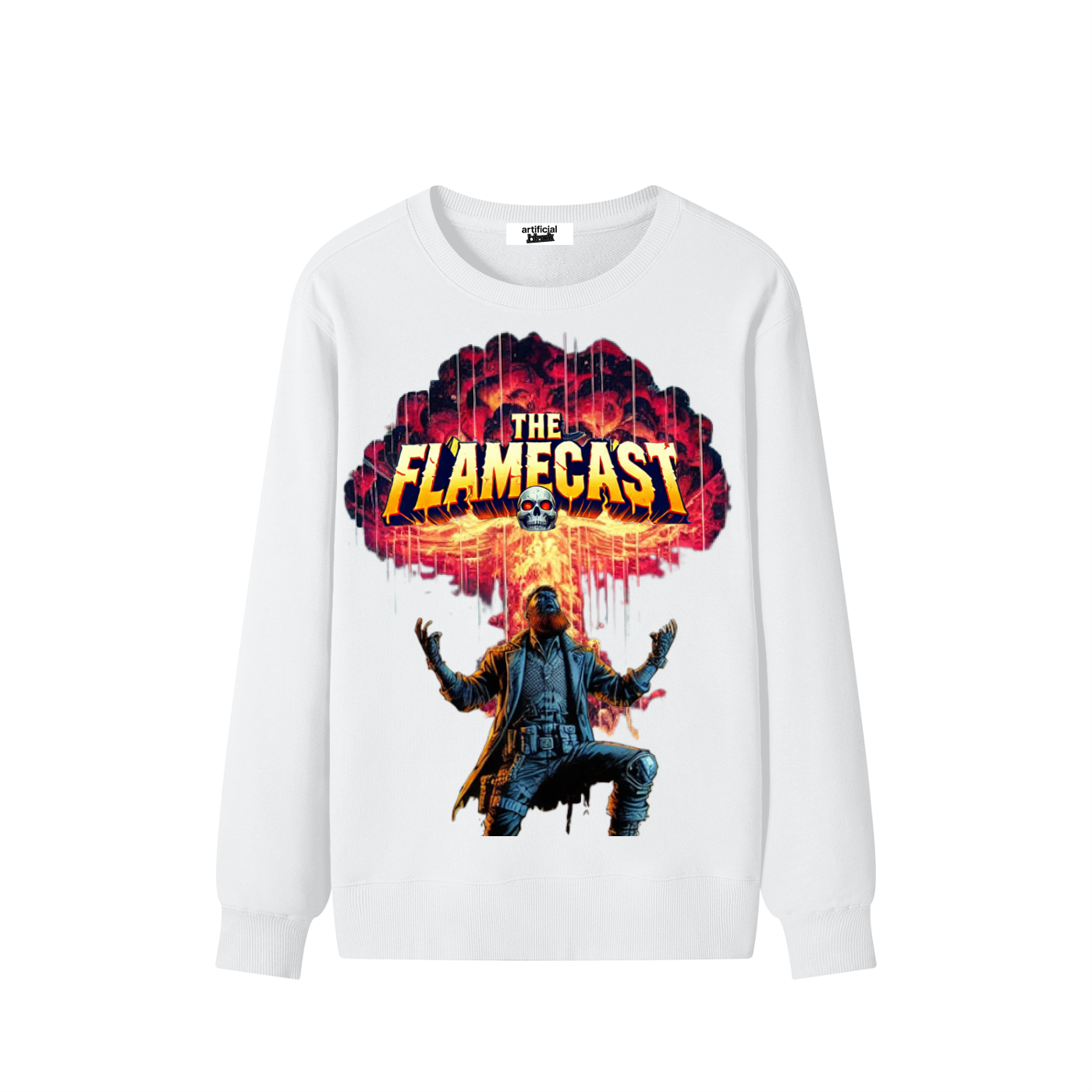 White sweatshirt with 'The Flamecast' graphic design on a white background