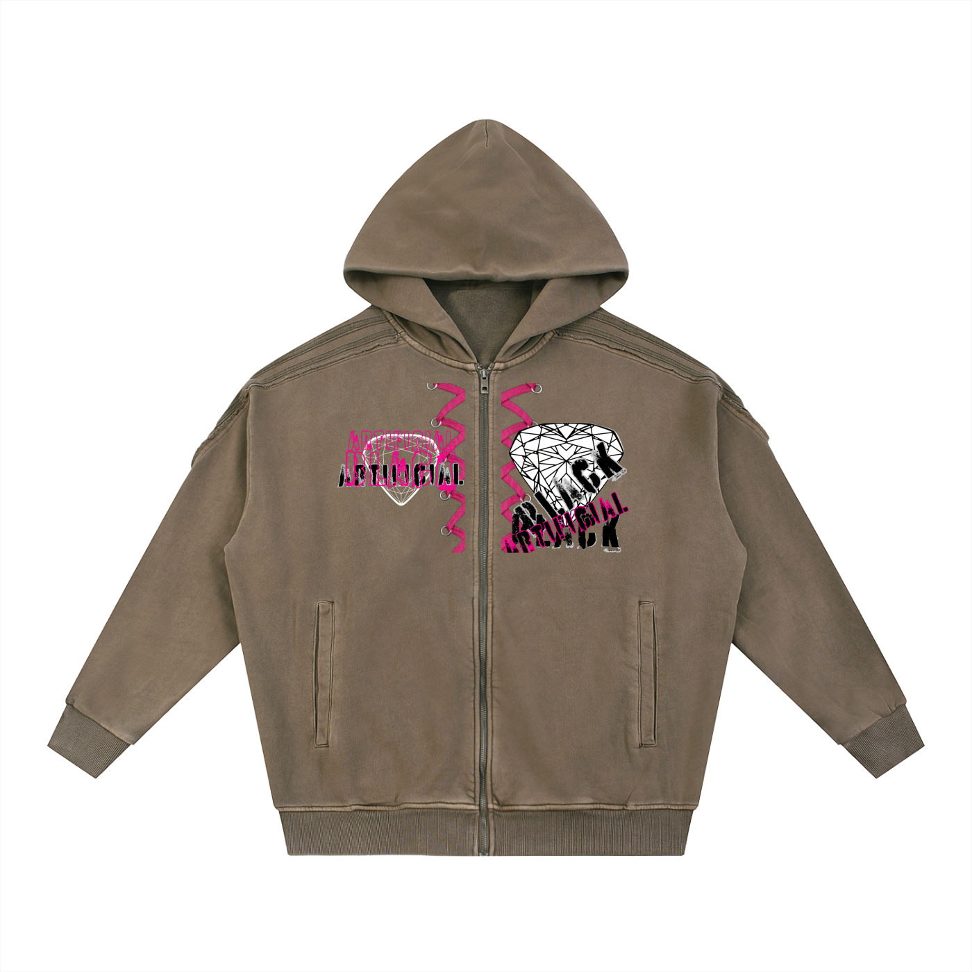 Snow Washed Tape Raw Edge Zip Hoodie
