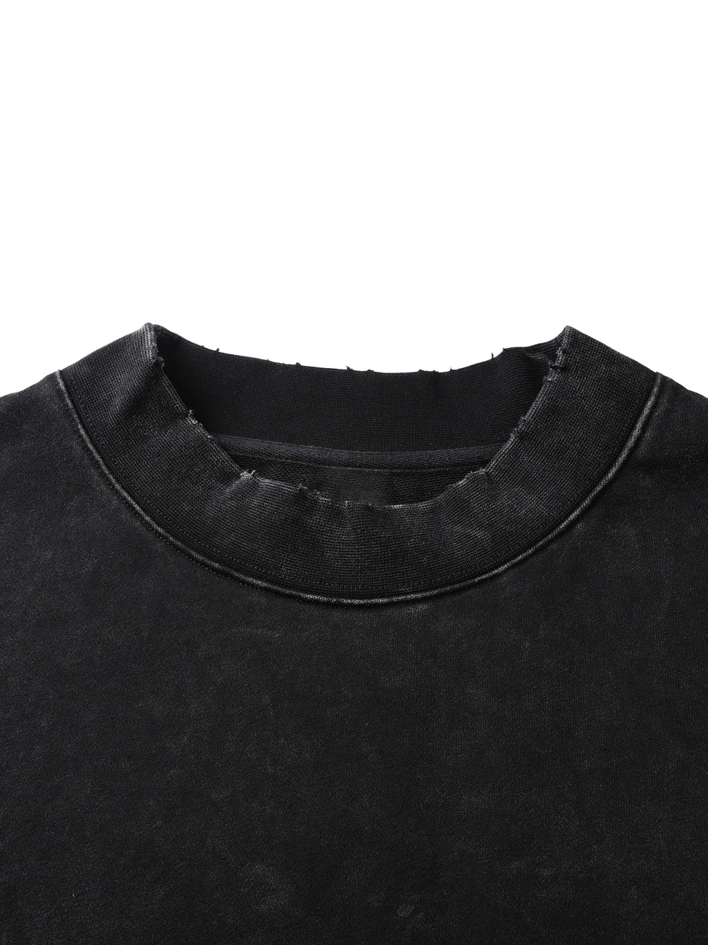 Close-up of a black garment with a textured collar on a white background