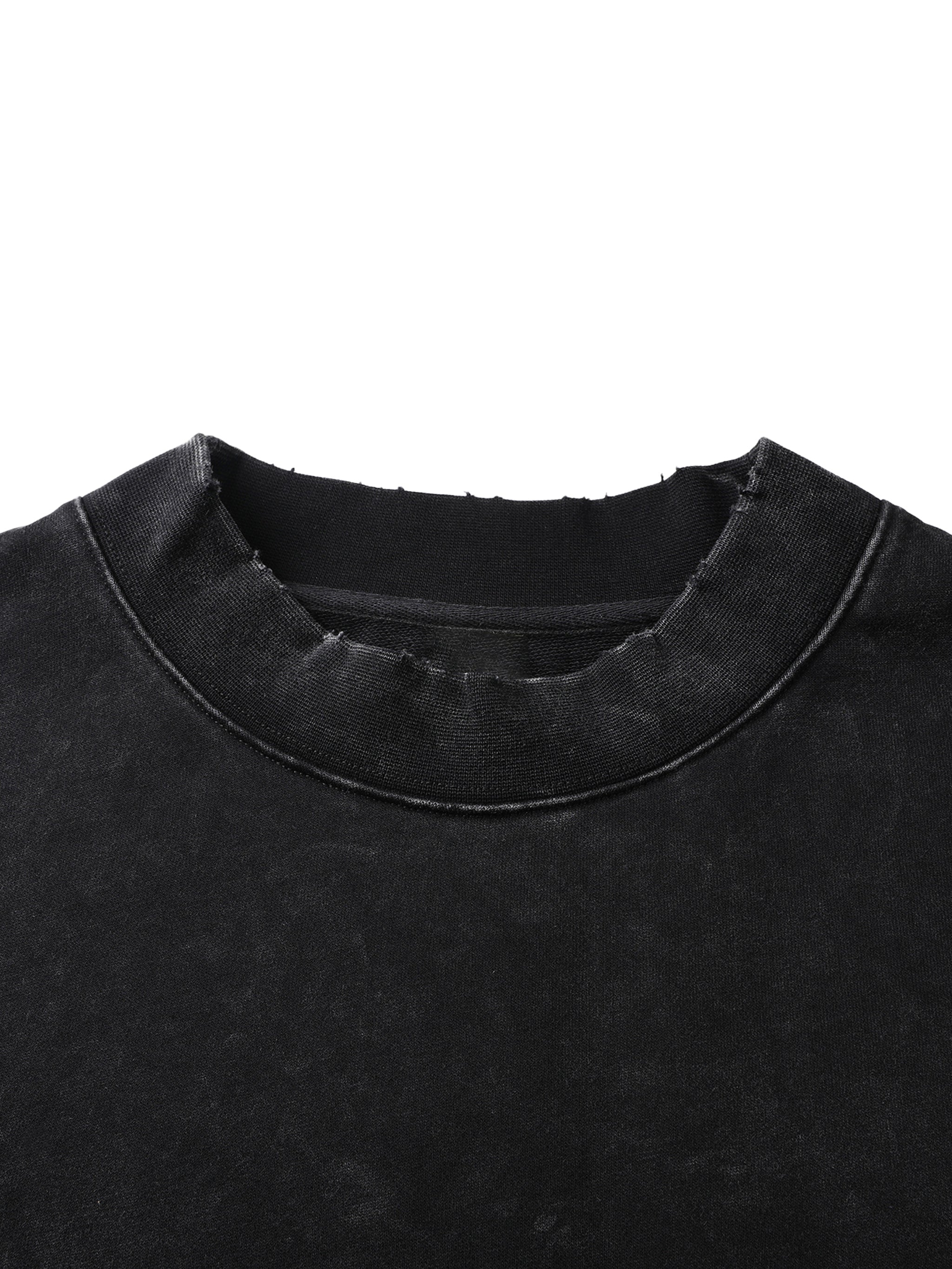 Close-up of a black garment with a textured collar on a white background