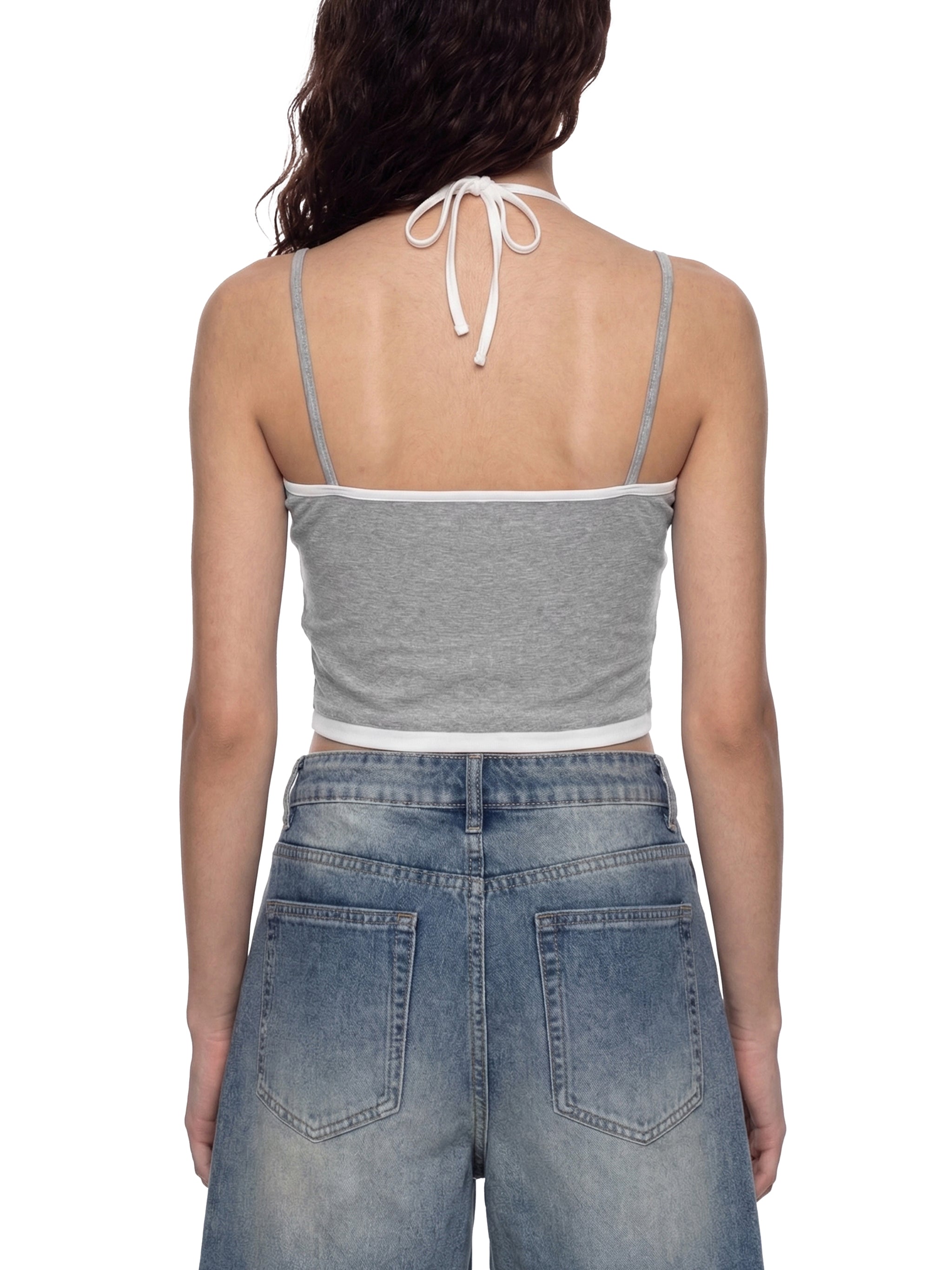 Diamond Line Contrast Binding Halter Tank Top