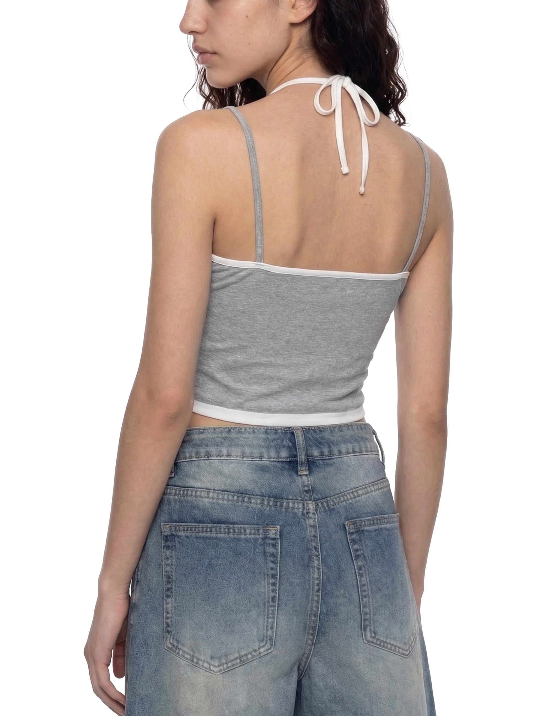 Diamond Line Contrast Binding Halter Tank Top