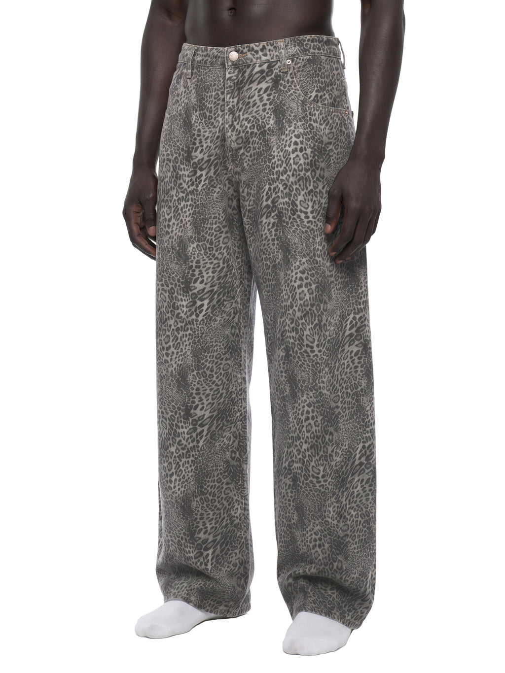 Jeans unisexe coupe large délavé imprimé léopard