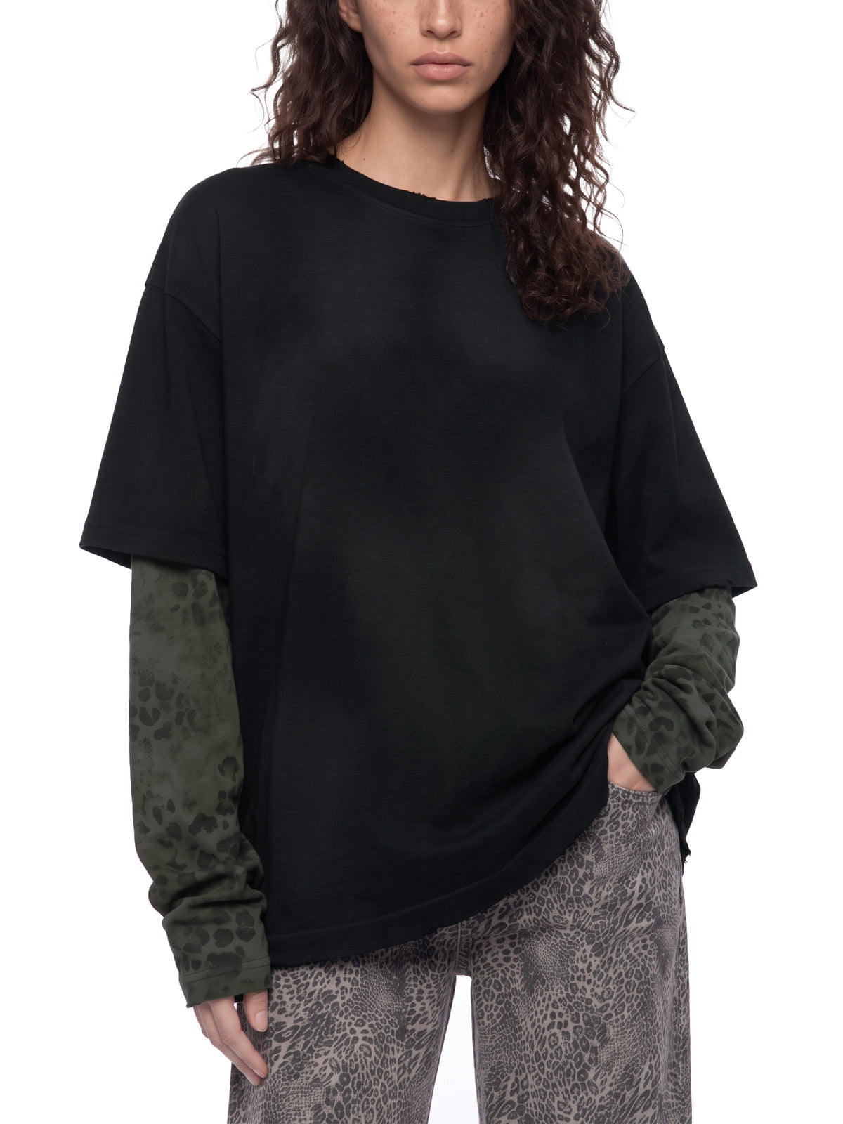 Unisex Vintage Wash Leopard Sleeved T