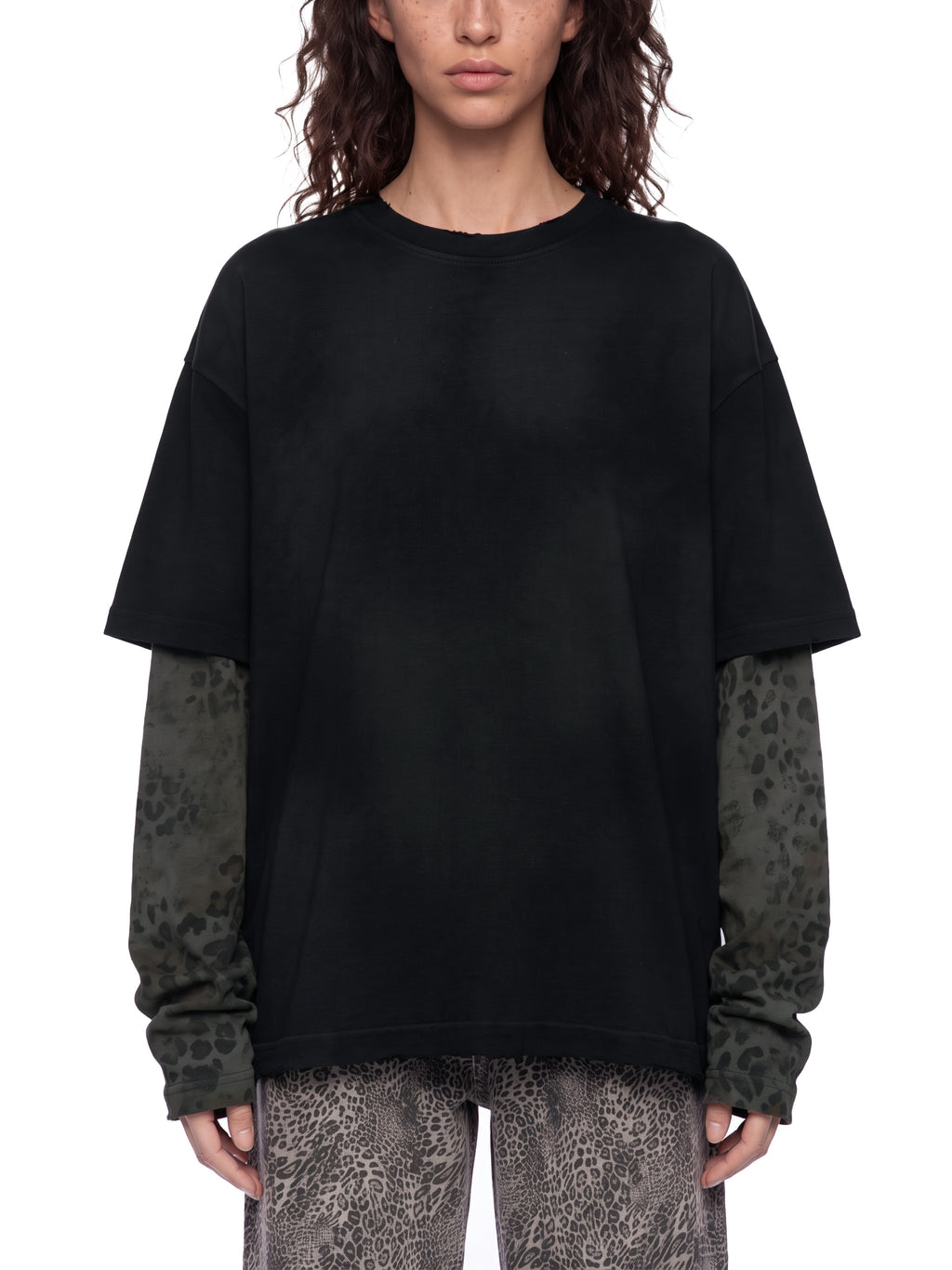Unisex Vintage Wash Leopard Sleeved T
