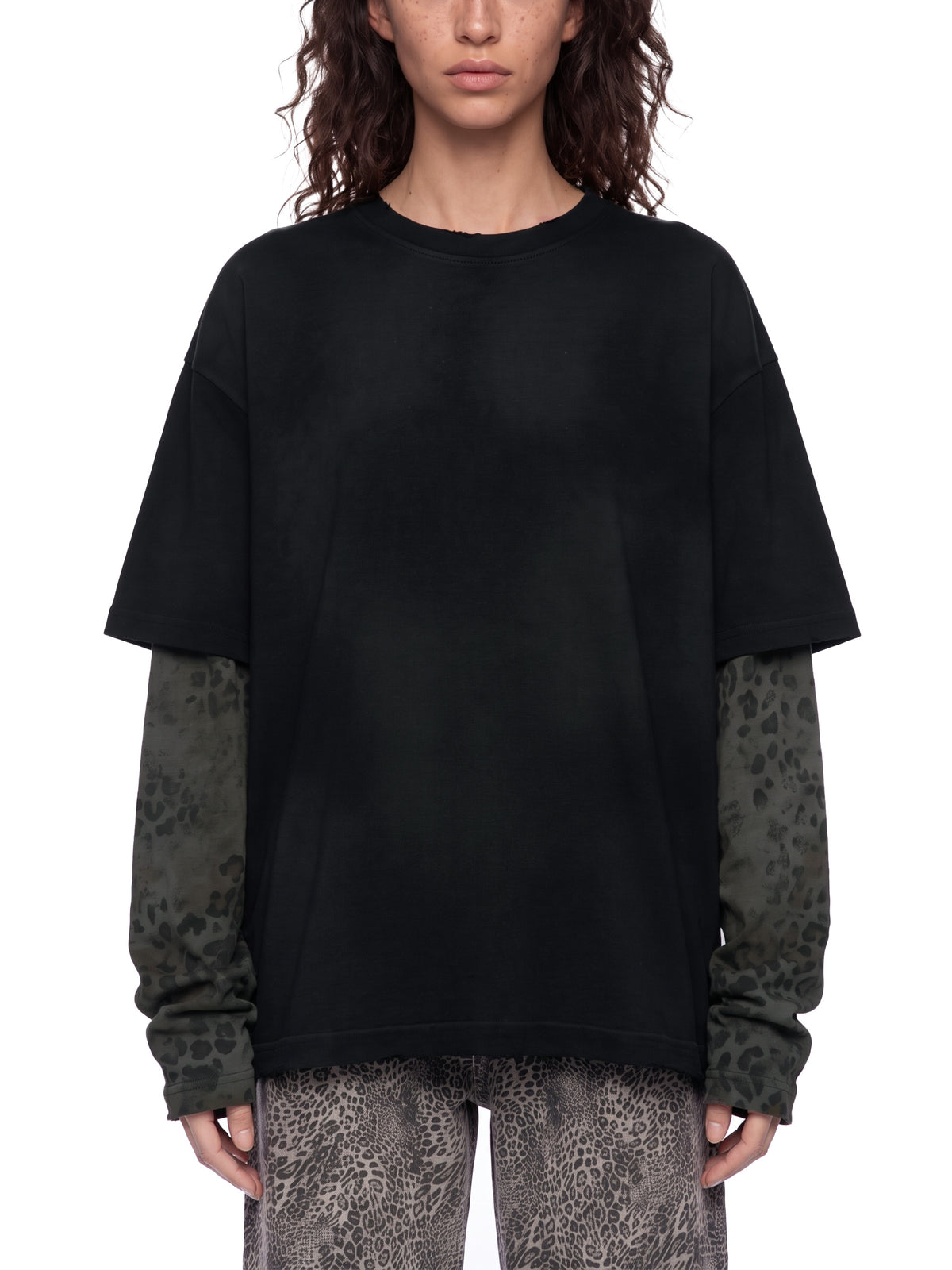 Unisex Vintage Wash Leopard Sleeved T