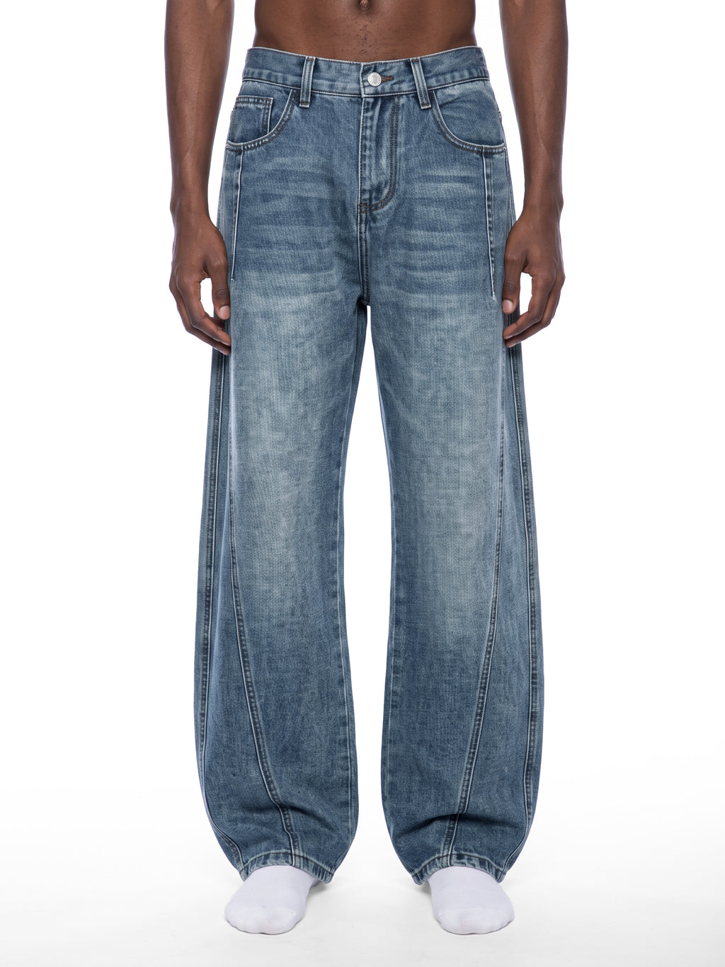 Unisex Vintage Wash Barrel Leg Digital Denim