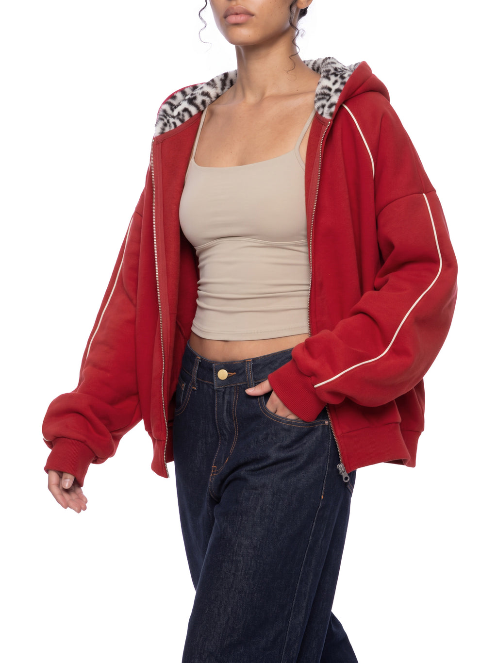 Unisex Boxy Fleece Piping Full Zip Hoodie