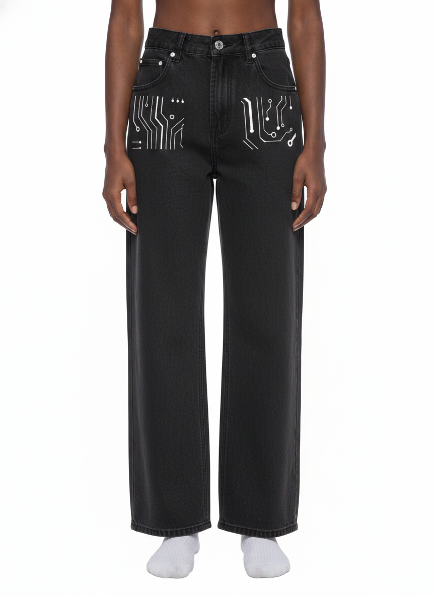 Digitally Enhanced Vintage Wash Straight Leg Jeans