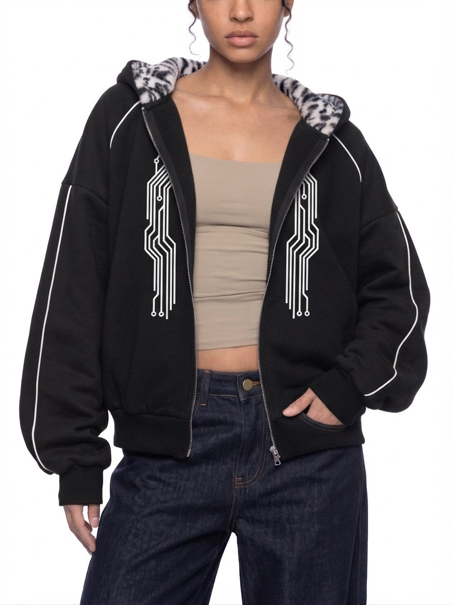Sweat à capuche unisexe coupe carrée en molleton avec bordures et fermeture zippée intégrale