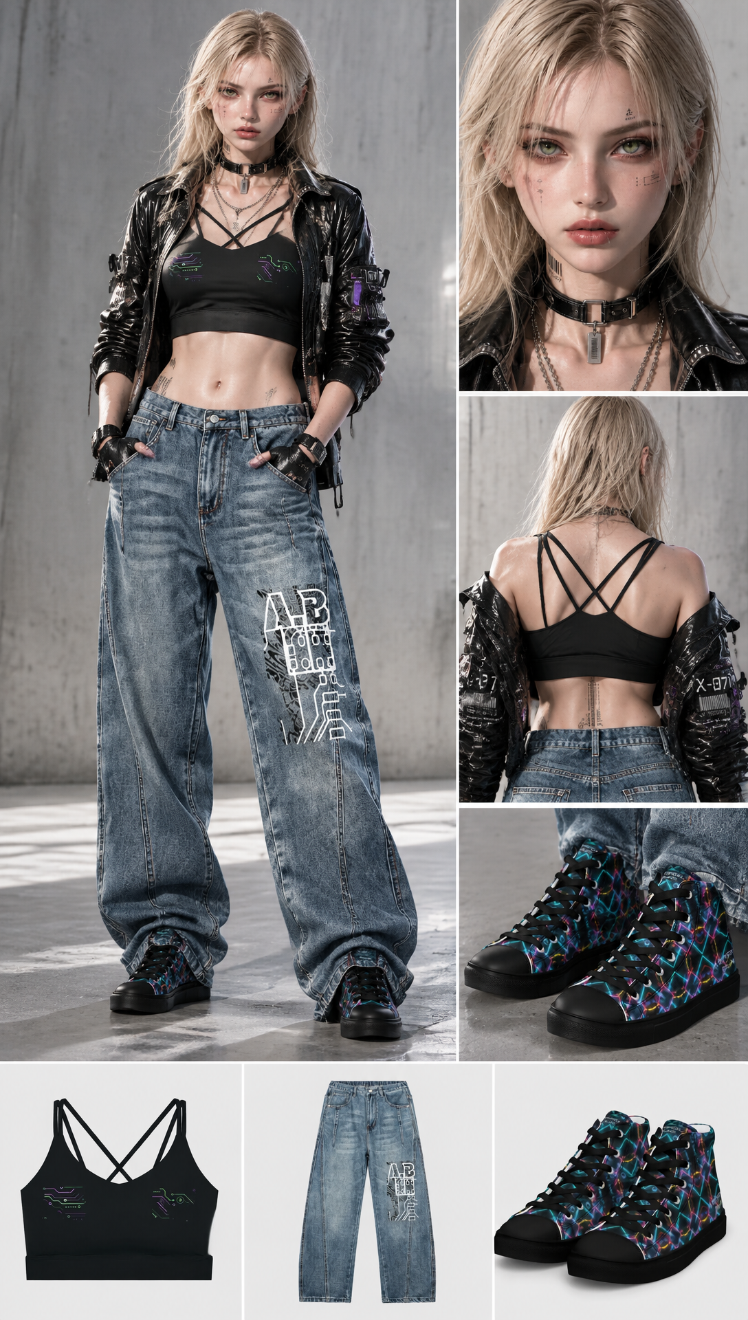 A fashion collage showing a woman modeling a black strappy crop top, black leather jacket, wide-leg blue jeans with white graphic text, and black high-top sneakers with colorful patterned details. Smaller inset views show close-ups of the face, back of the crop top, and the shoes.