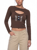 T-shirt à manches longues pour femme, ajouré, motif numérique sablier