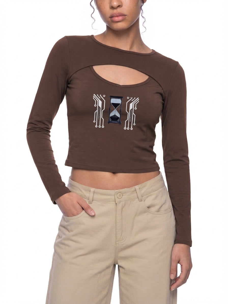 T-shirt à manches longues pour femme, ajouré, motif numérique sablier