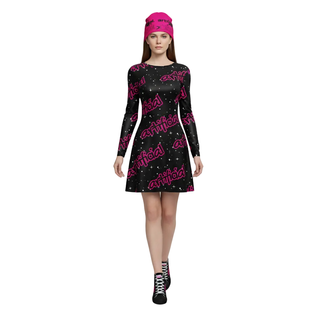 Model wearing a black dress with pink text and a matching pink beanie on a gray background