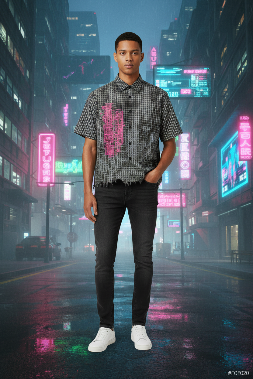 Unfinished Code Digitally Enhanced Plaid Boxy Shirt