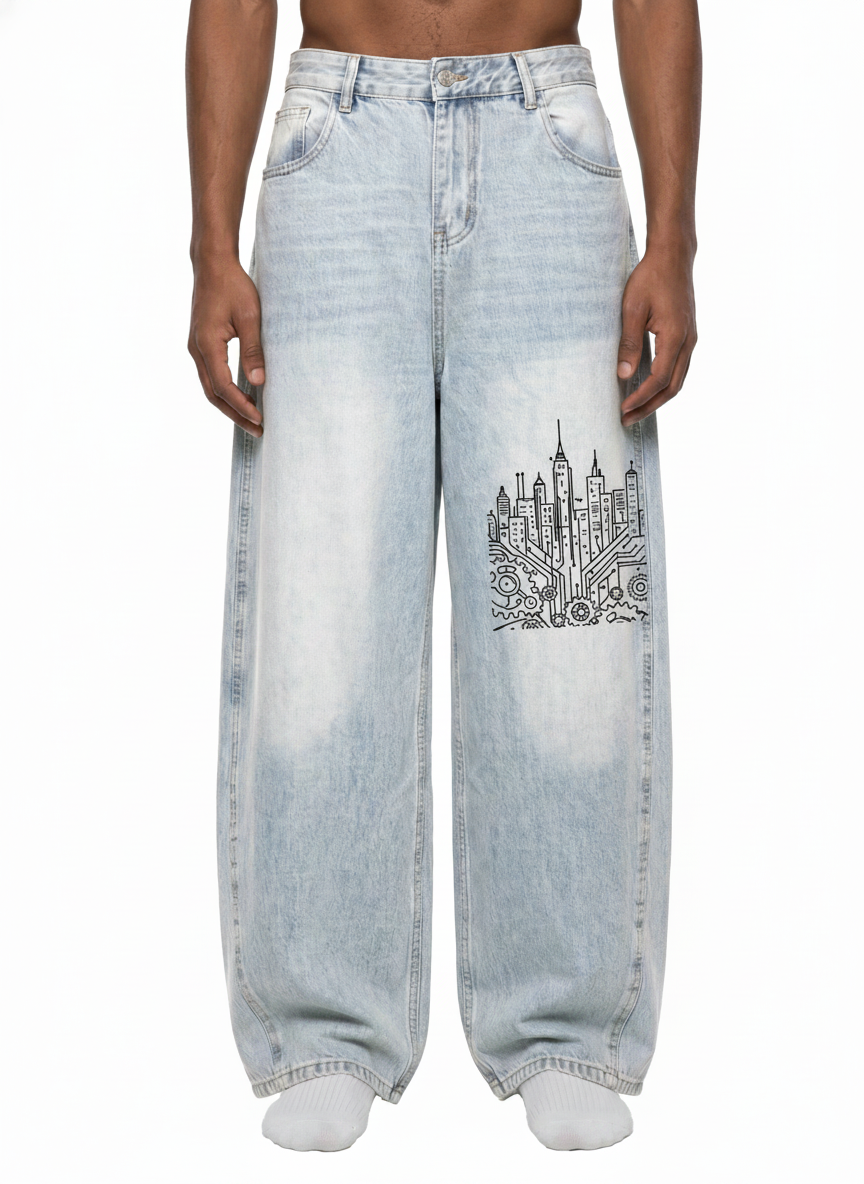 Digitally Enhanced Barrel Leg Jeans