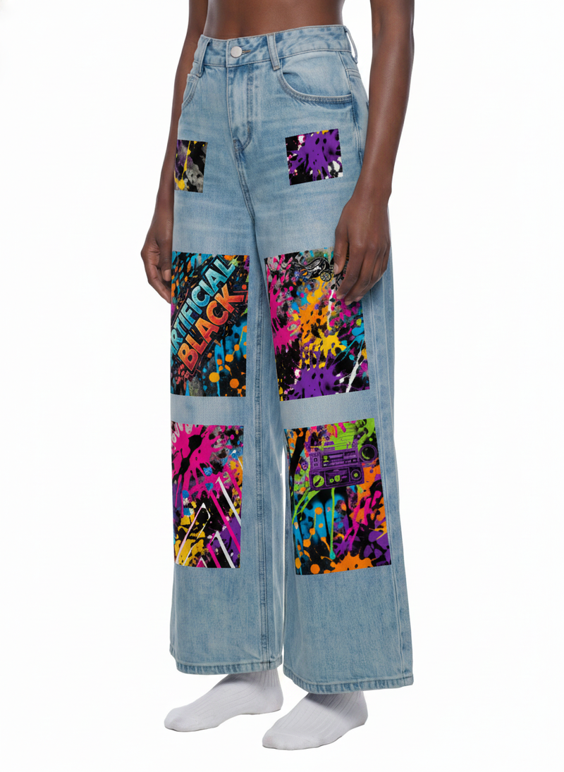 Women’s Artificial Expressions Paint Washed Wide Leg Jeans