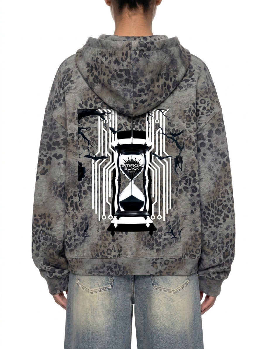 Unisex Vintage Wash Leopard Full Zip Hoodie