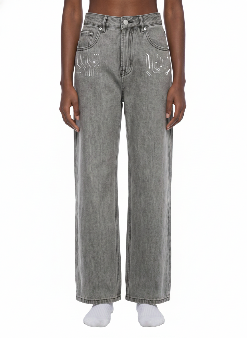 Digitally Enhanced Vintage Wash Straight Leg Jeans