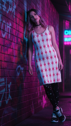 Woman in a checkered dress standing against a graffiti-covered wall in a neon-lit alleyway.