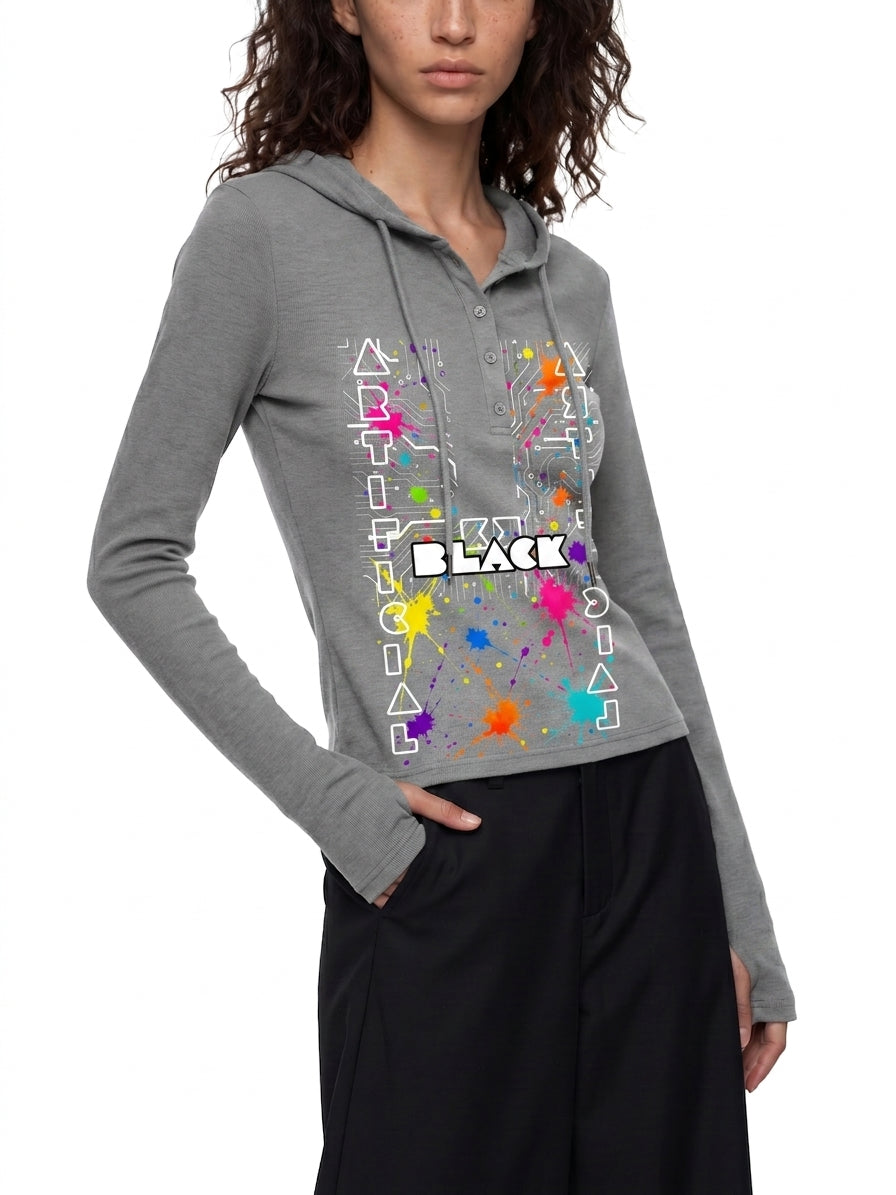 Digitally Enhanced Antimatter Splashed Hooded Long Sleeve T