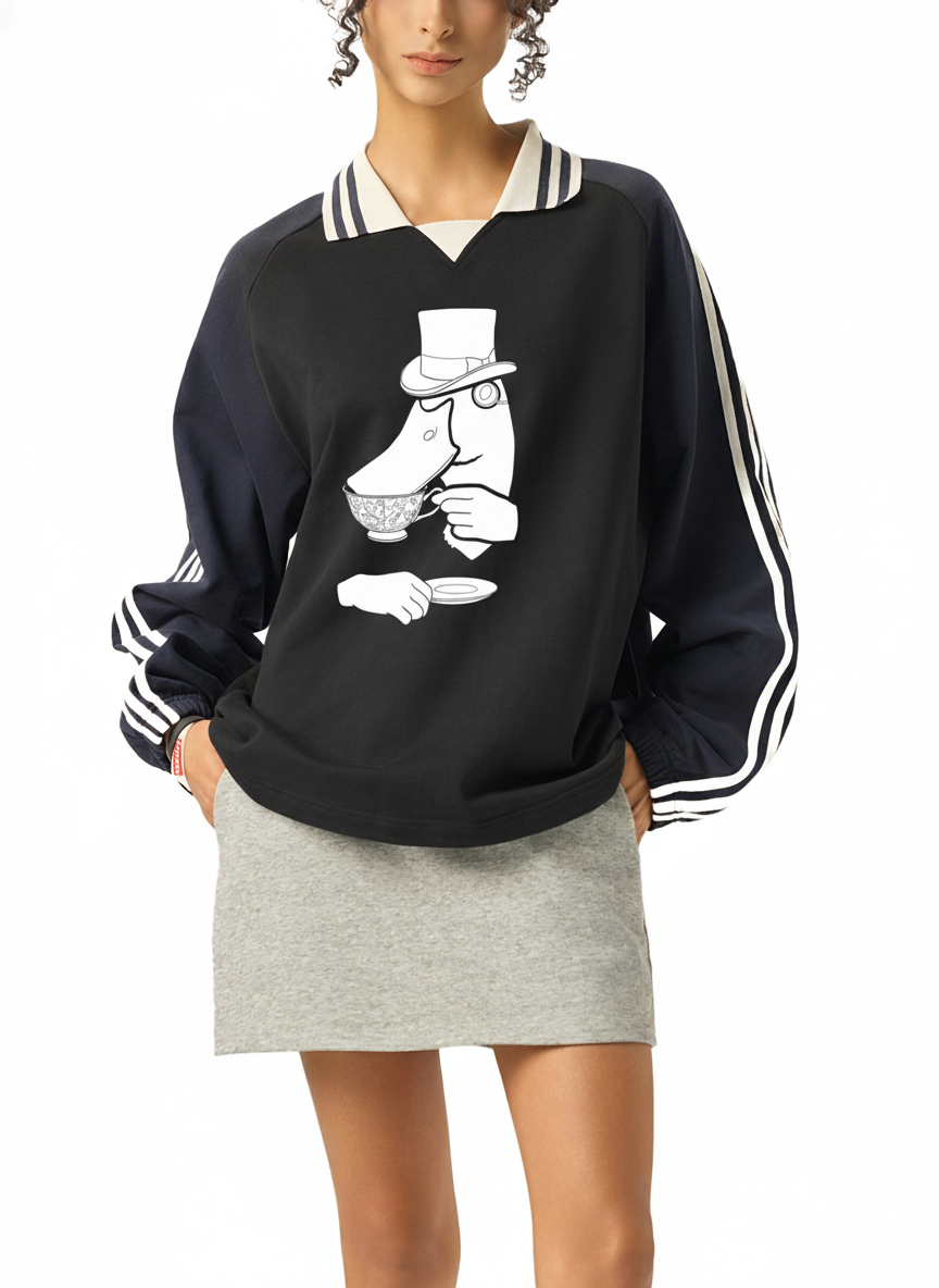 Contrast Striped Lapel Collar Sweatshirt