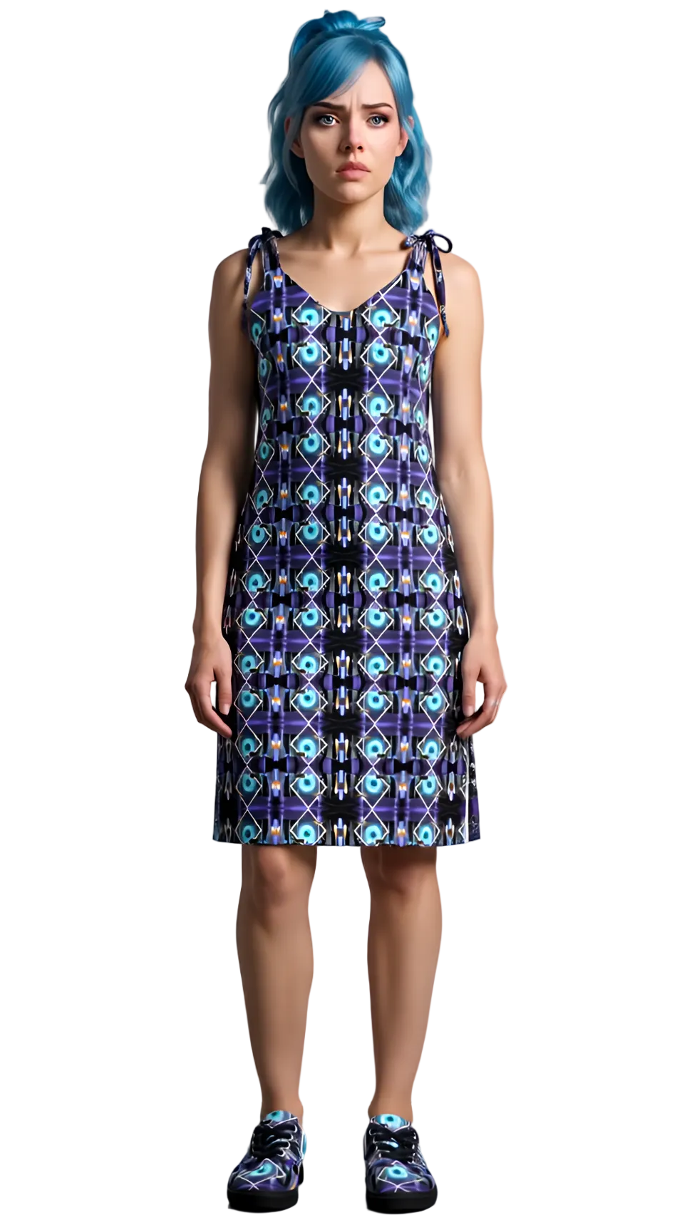 Woman wearing a patterned dress with blue hair against a plain background