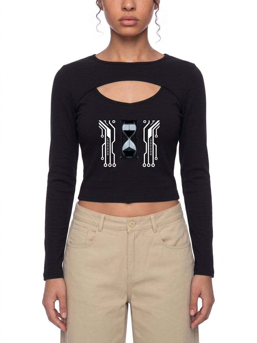 T-shirt à manches longues pour femme, ajouré, motif numérique sablier
