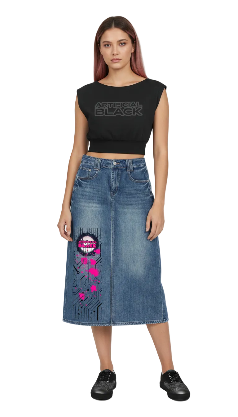 A model wearing a black sleeveless crop top with 'ARTIFICIAL BLACK' printed on the chest and a blue denim midi skirt featuring a pink and black graphic print on the lower left leg, paired with black shoes, against a plain white background.