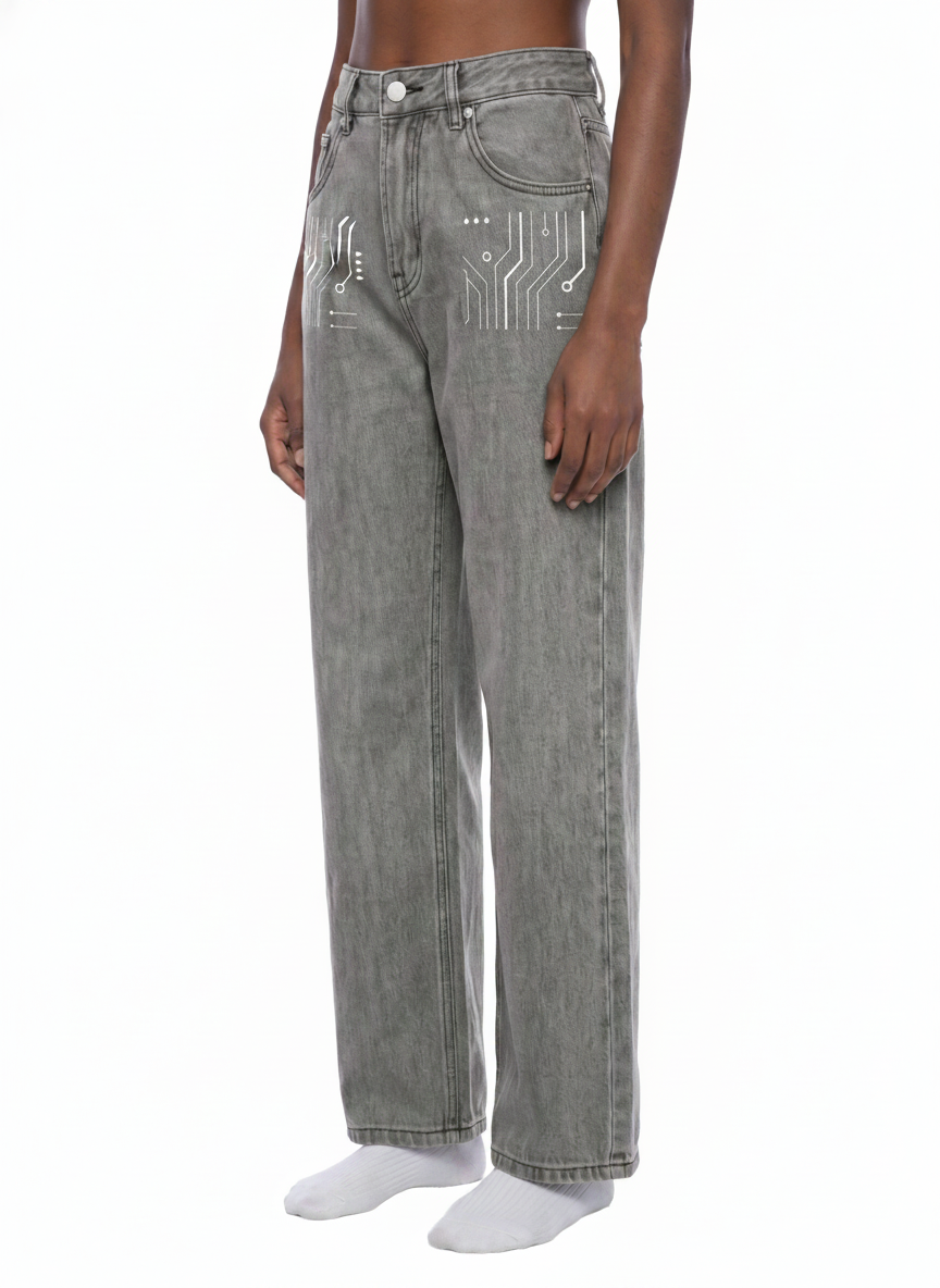 Digitally Enhanced Vintage Wash Straight Leg Jeans