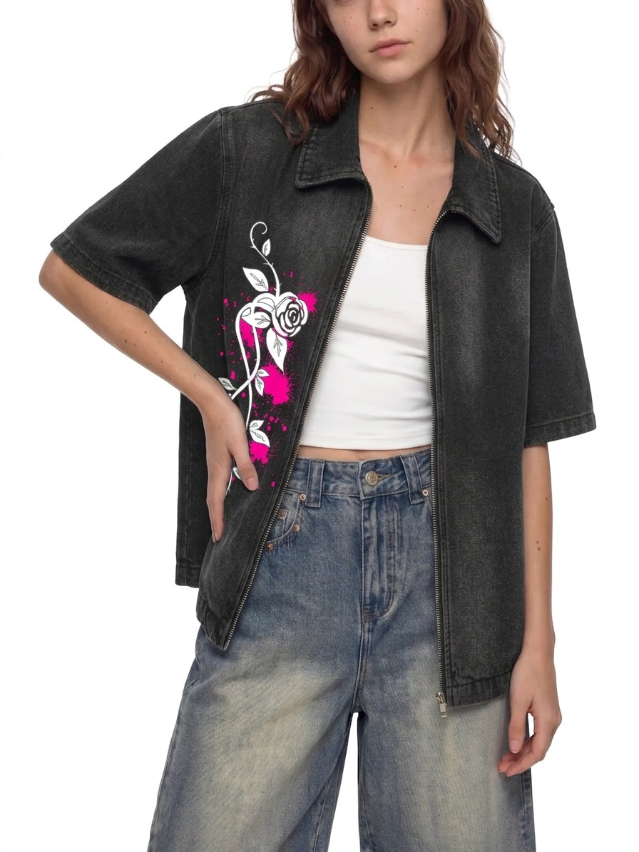 Unisex Vintage Washed Full-Zip Denim Shirt